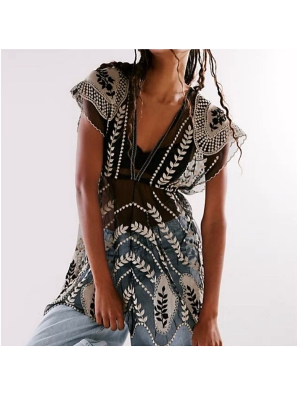 Free People Ollari Ethereal Lace Black Embroidered Sheer Open Back Dress XS